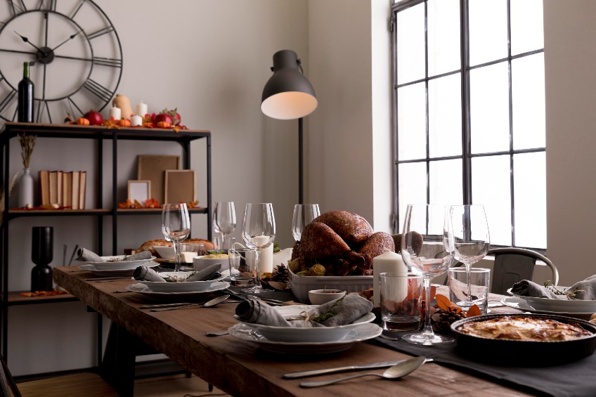 table with food set for thanksgiving